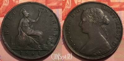 Великобритания 1/2 пенни 1861 года, KM# 748, 248-044