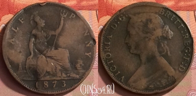 Великобритания 1/2 пенни 1873 года, KM# 748, 222o-144