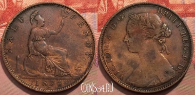 Великобритания 1/2 пенни 1874 года H, KM# 754, 248-029