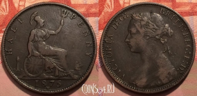 Великобритания 1/2 пенни 1875 года H, KM# 754, 248-027