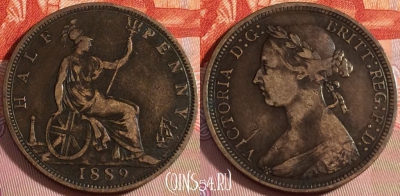 Великобритания 1/2 пенни 1889 года, KM# 754, 105b-106