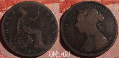 Великобритания 1/2 пенни 1891 года, KM# 754, 262f-016