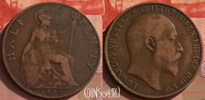 Великобритания 1/2 пенни 1909 года, KM# 793, 136o-075 ♛