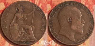 Великобритания 1/2 пенни 1909 года, KM# 793, 174o-073