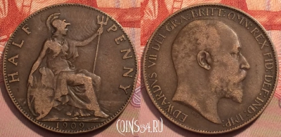 Великобритания 1/2 пенни 1909 года, KM# 793, 243-095