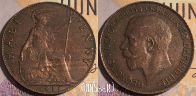 Великобритания 1/2 пенни 1911 года, KM# 809, 182a-081
