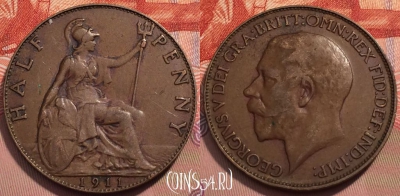 Великобритания 1/2 пенни 1911 года, KM# 809, 243-092