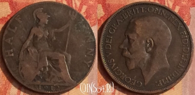 Великобритания 1/2 пенни 1912 года, KM# 809, 174o-088