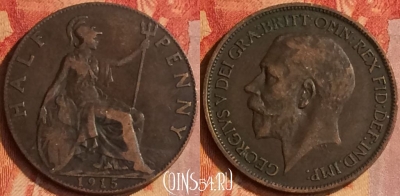 Великобритания 1/2 пенни 1915 года, KM# 809, 172o-112 ♛