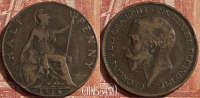 Великобритания 1/2 пенни 1916 года, KM# 809, 070p-074 ♛