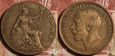 Великобритания 1/2 пенни 1916 года, KM# 809, 505s-049