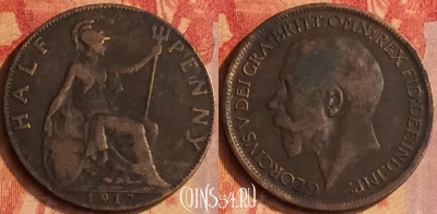 Великобритания 1/2 пенни 1917 года, KM# 809, 173o-143