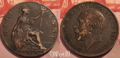 Великобритания 1/2 пенни 1917 года, KM# 809, 243-086 ♛