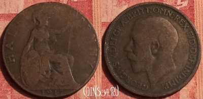 Великобритания 1/2 пенни 1917 года, KM# 809, 386o-129