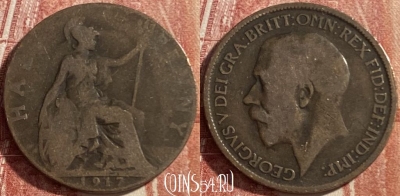 Великобритания 1/2 пенни 1917 года, KM# 809, 485р-057 ♛