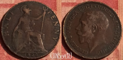 Великобритания 1/2 пенни 1920 года, KM# 809, 388o-090