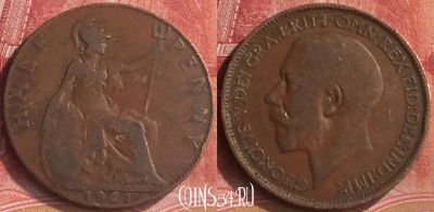Великобритания 1/2 пенни 1921 года, KM# 809, 186m-016