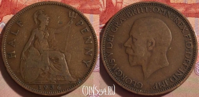 Великобритания 1/2 пенни 1936 года, KM# 837, 100c-052