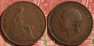 Великобритания 1/2 пенни 1936 года, KM# 837, 210m-054