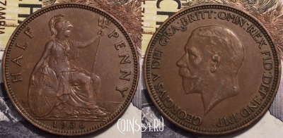 Великобритания 1/2 пенни 1936 года, KM# 837, 239-099