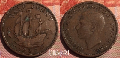 Великобритания 1/2 пенни 1937 года, KM# 844, 254a-011