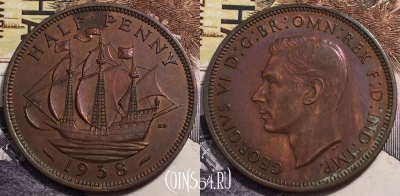 Великобритания 1/2 пенни 1938 года, KM# 844, 239-097
