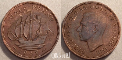 Великобритания 1/2 пенни 1939 год, KM# 844, 84-011b