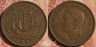 Великобритания 1/2 пенни 1939 года, KM# 844, 106p-064 ♛