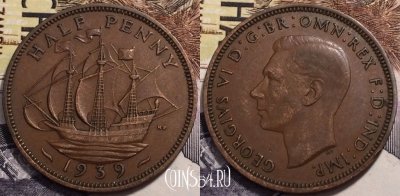Великобритания 1/2 пенни 1939 года, KM# 844, 239-096