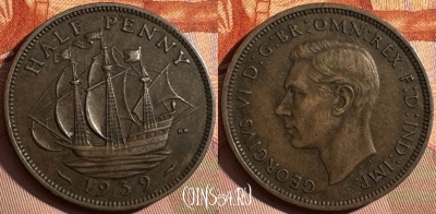 Великобритания 1/2 пенни 1939 года, KM# 844, 373s-068