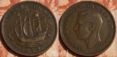 Великобритания 1/2 пенни 1939 года, KM# 844, 500р-094 ♛