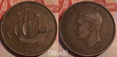 Великобритания 1/2 пенни 1940 года, KM# 844, 146b-056