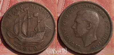 Великобритания 1/2 пенни 1940 года, KM# 844, 182l-043