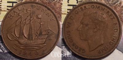 Великобритания 1/2 пенни 1940 года, KM# 844, 239-095