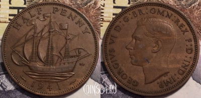 Великобритания 1/2 пенни 1941 года, KM# 844, 239-094