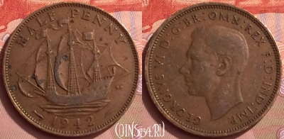 Великобритания 1/2 пенни 1942 года, KM# 844, 054l-196