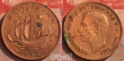 Великобритания 1/2 пенни 1942 года, KM# 844, 138o-035