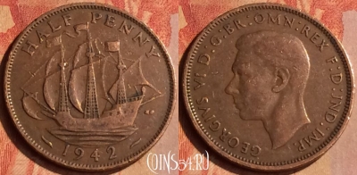 Великобритания 1/2 пенни 1942 года, KM# 844, 158n-063