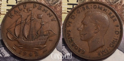 Великобритания 1/2 пенни 1942 года, KM# 844, 239-093