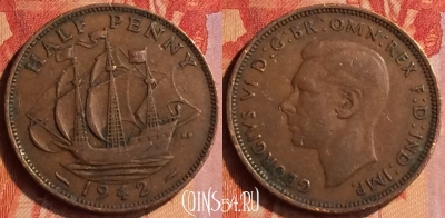 Великобритания 1/2 пенни 1942 года, KM# 844, 420-018