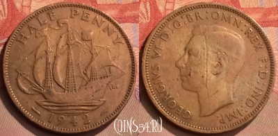 Великобритания 1/2 пенни 1942 года, KM# 844, 428-061