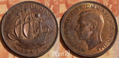 Великобритания 1/2 пенни 1942 года, KM# 844, 462q-613 ♛