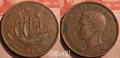 Великобритания 1/2 пенни 1943 года, KM# 844, 041n-181