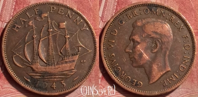 Великобритания 1/2 пенни 1943 года, KM# 844, 051l-084