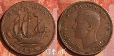 Великобритания 1/2 пенни 1943 года, KM# 844, 128o-102