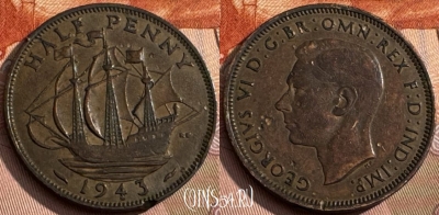 Великобритания 1/2 пенни 1943 года, KM# 844, 174s-092