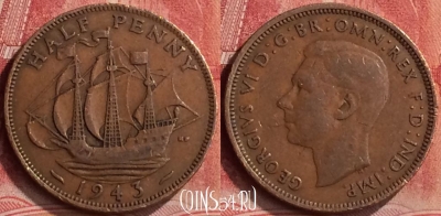 Великобритания 1/2 пенни 1943 года, KM# 844, 289m-099