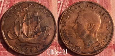 Великобритания 1/2 пенни 1943 года, KM# 844, 342o-125