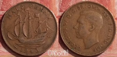 Великобритания 1/2 пенни 1943 года, KM# 844, 379k-033