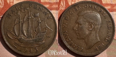 Великобритания 1/2 пенни 1943 года, KM# 844, s406s-062 ♛